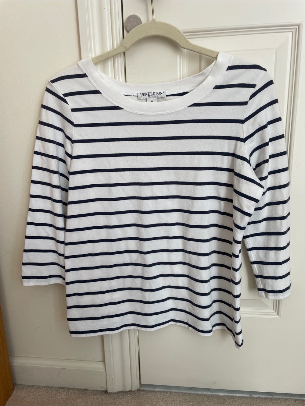 Pendleton White and Navy Striped Boatneck Long Sleeve Top